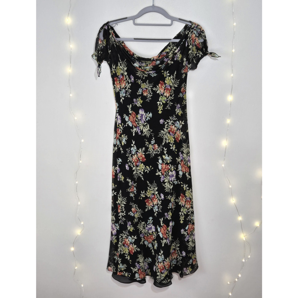 VINTAGE Y2K JONES NEW YORK Dark Floral Tie Cap Sleeve Chiffon Midi Dress Size 4 - Picture 2 of 9